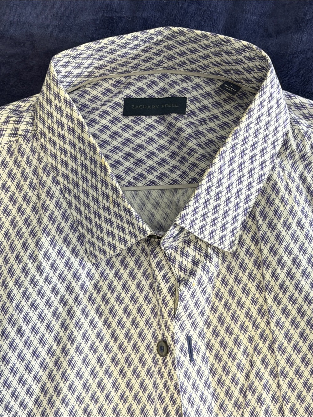 Zachary Prell White Short Sleeve Button Up Shirt with Blue Micro-Check Pattern
